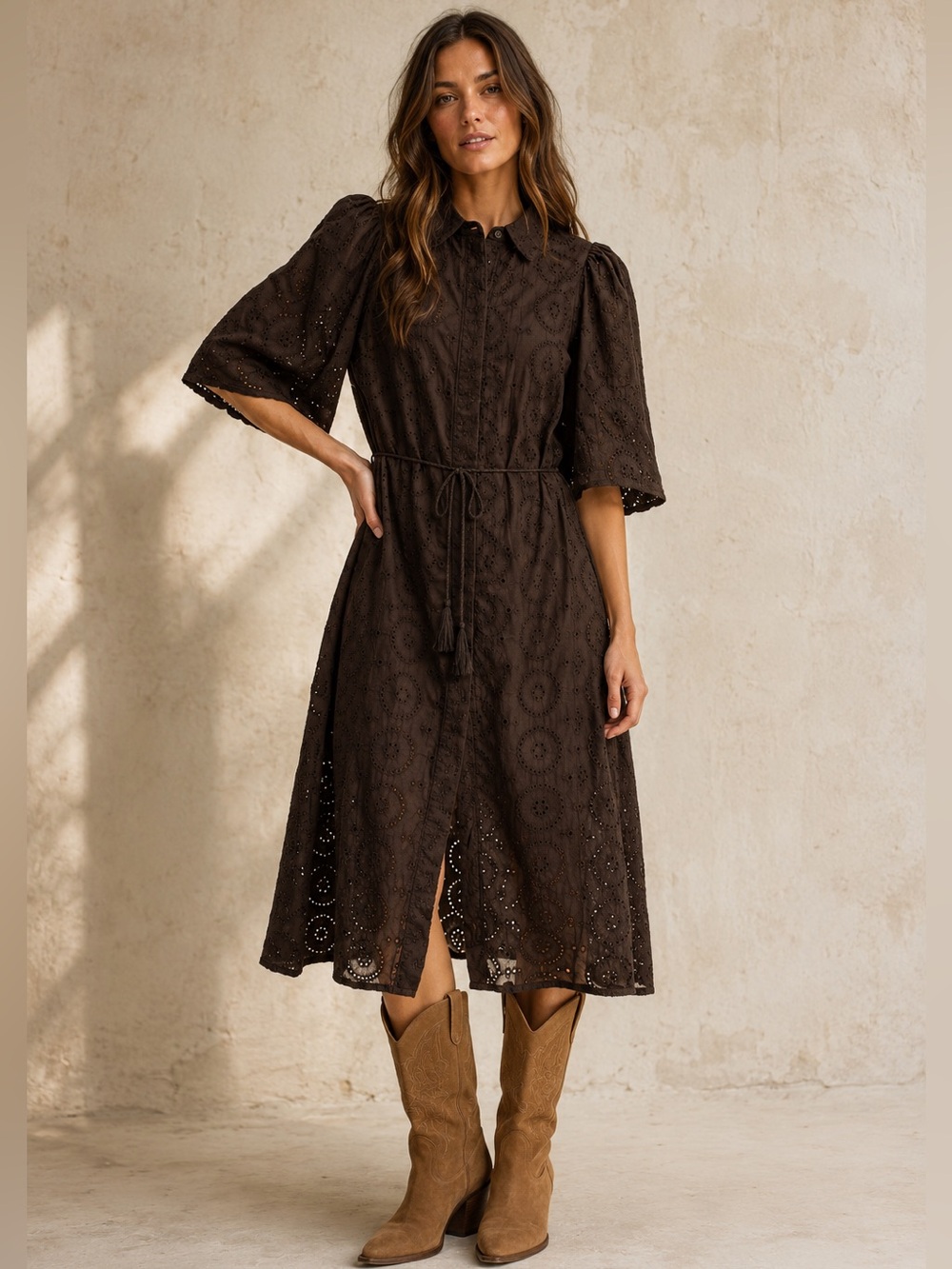 #259 CLOSEOUT Firm ❤️New! Black Eyelet Midi Shirt Dress with Tie Waist